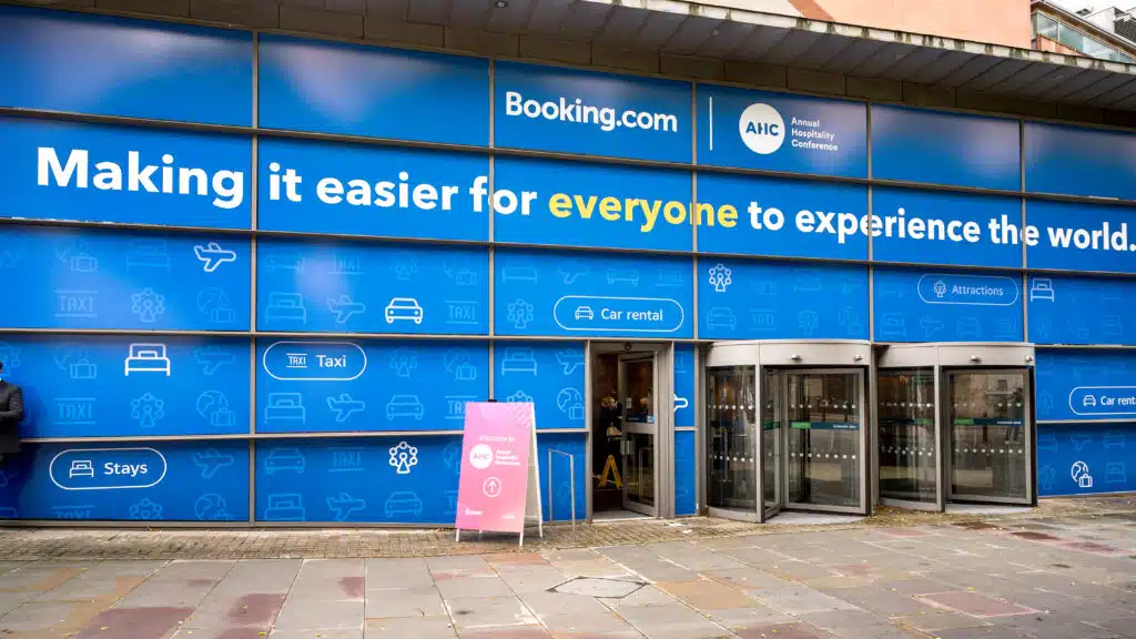 Booking.com branded hoarding at the Annual Hospitality Conference venue