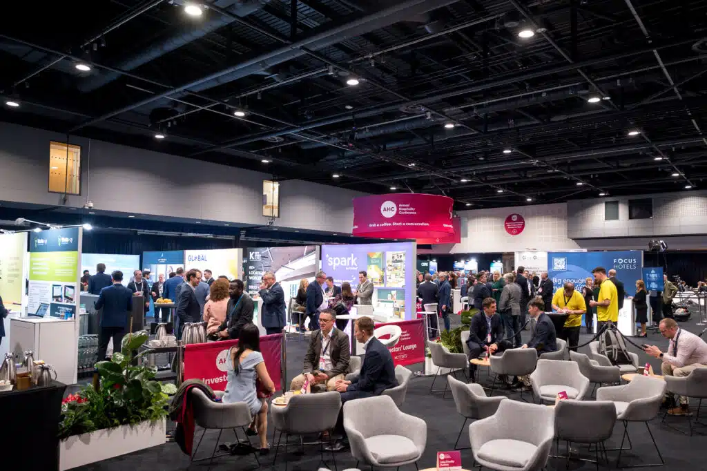 Exhibition floor and seating area at the Annual Hospitality Conference