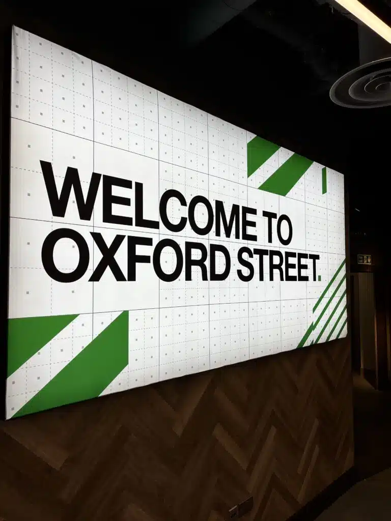 'Welcome to Oxford Street' video wall graphic at the Footasylum flagship