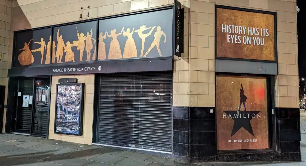 Hamilton window and fascia graphics on the theatre exterior