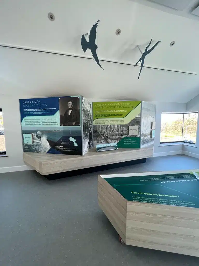 Holyhead Breakwater visitor centre display with bird wall graphics