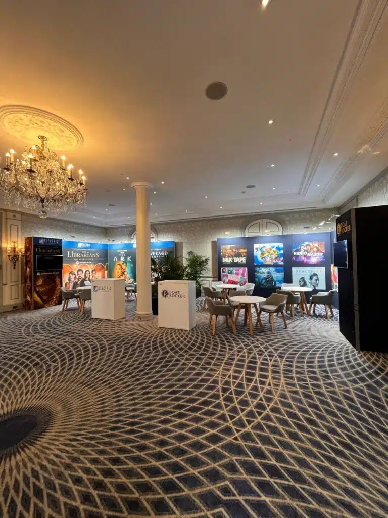 Exhibition stands in a hotel ballroom at MIP London