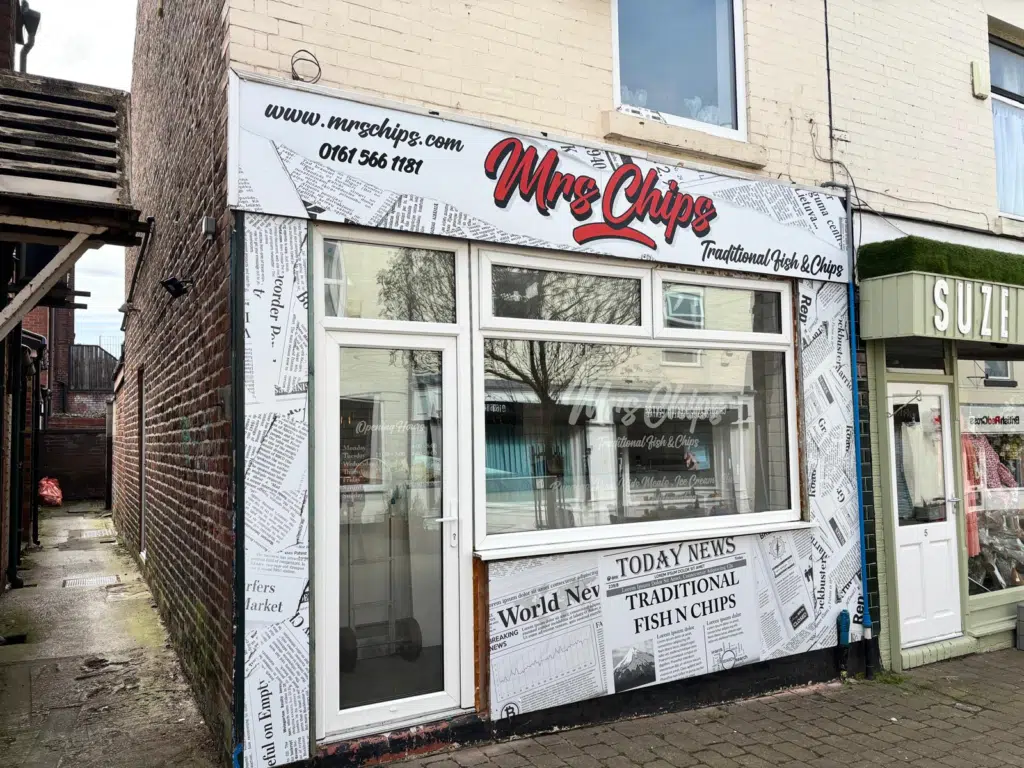 Mrs Chips shopfront with new signage and window graphics