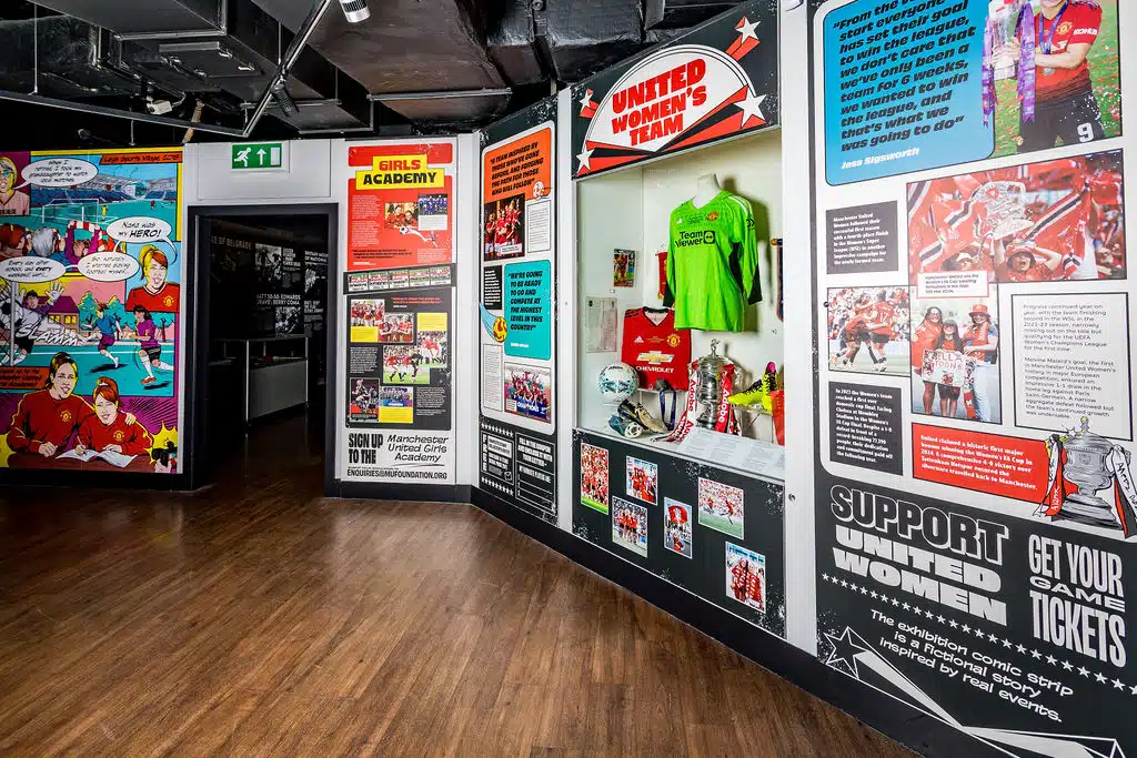 Colourful Manchester United women's football exhibition graphics