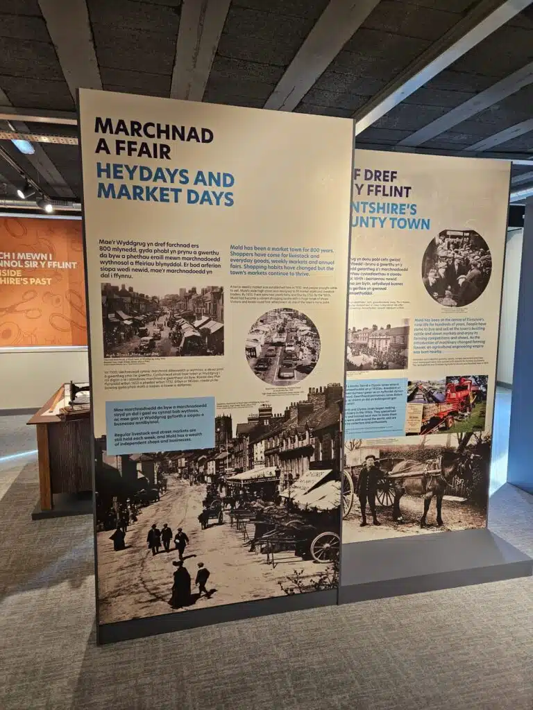 'Heydays and Market Days' bilingual display panel at Mold Museum