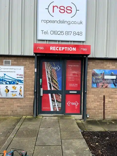 Rope and Sling Specialists reception entrance with signage and door graphics