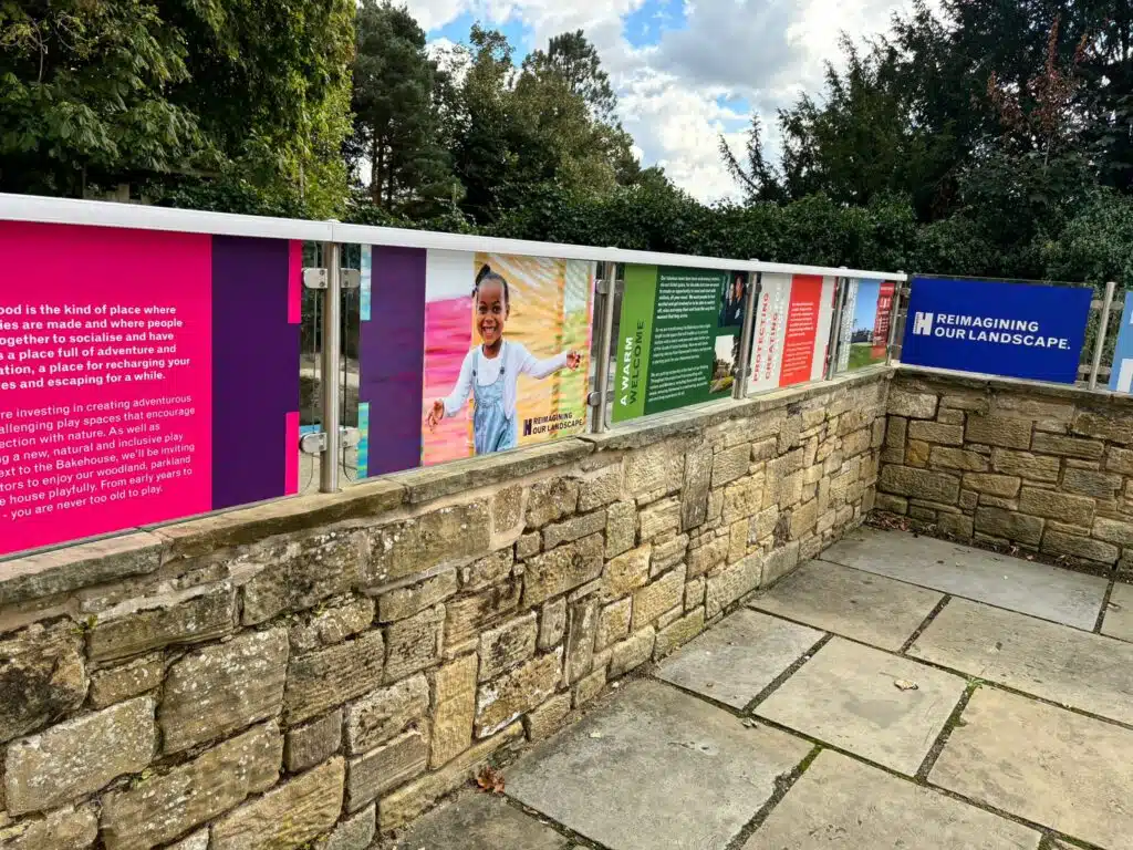 Pink and purple outdoor graphic panels at Harewood House