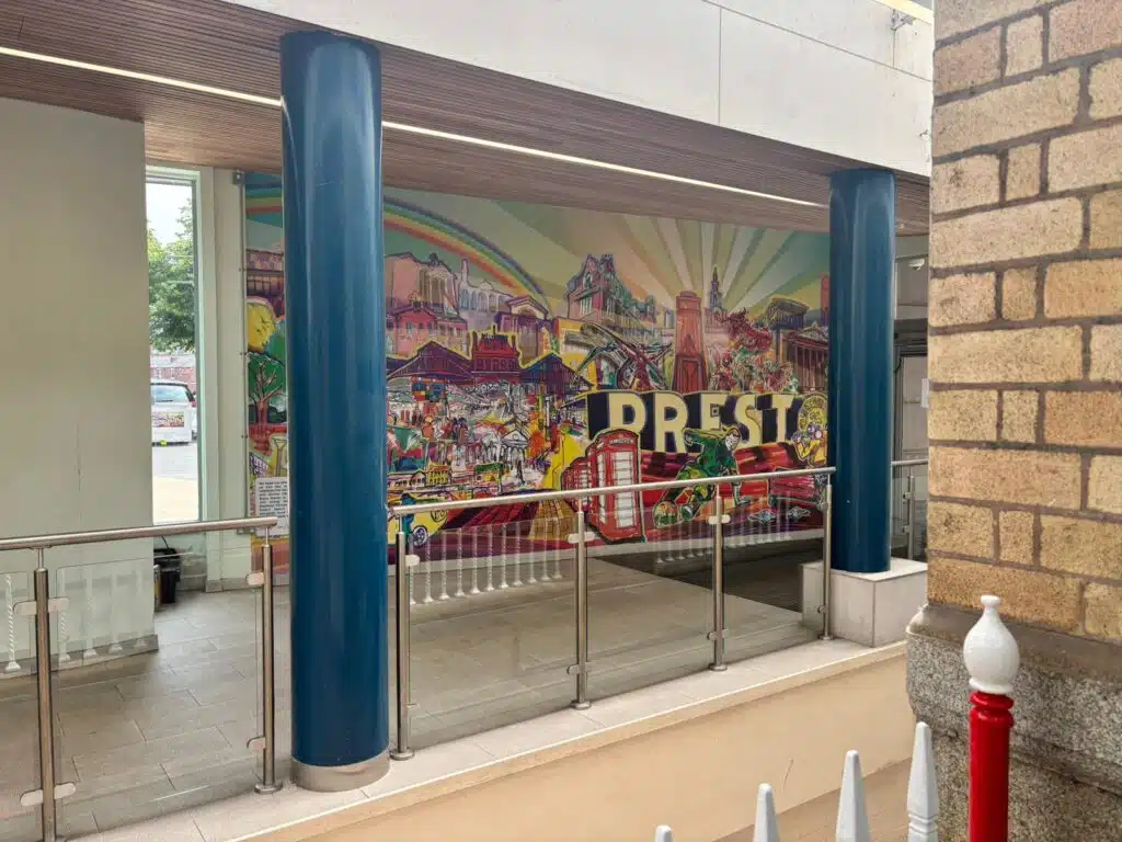 Colourful Preston mural graphic at Preston train station