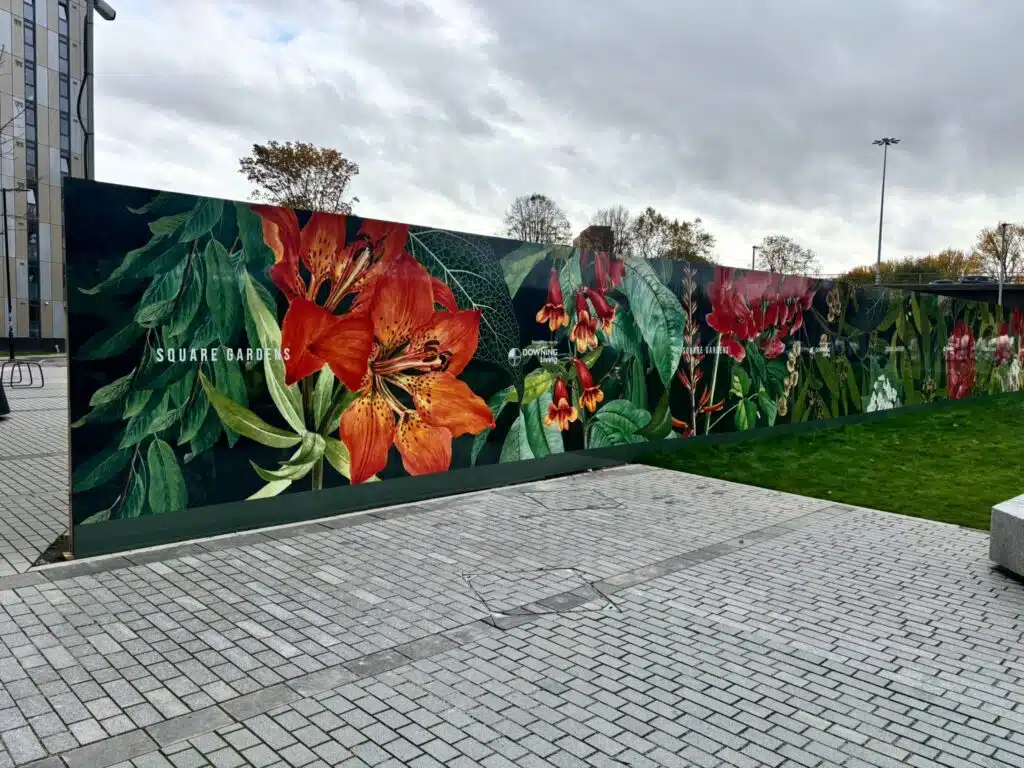 Floral printed hoarding graphics at Square Gardens, Manchester