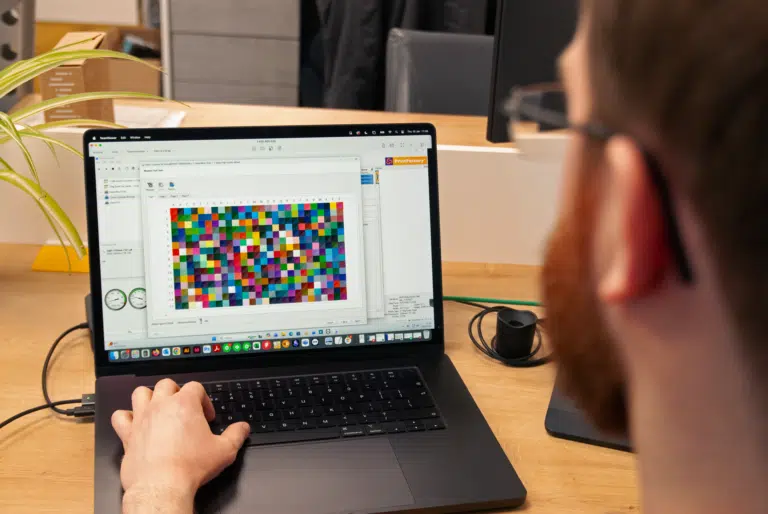 Designer checking a colour test chart on a laptop